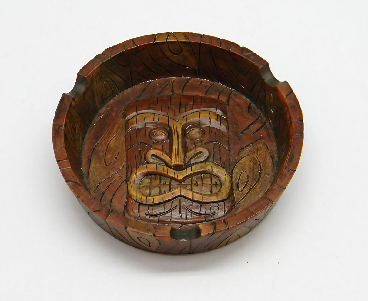 Polyresin Tiki Mask Ashtray with 4.25" Diameter - Front View on White Background