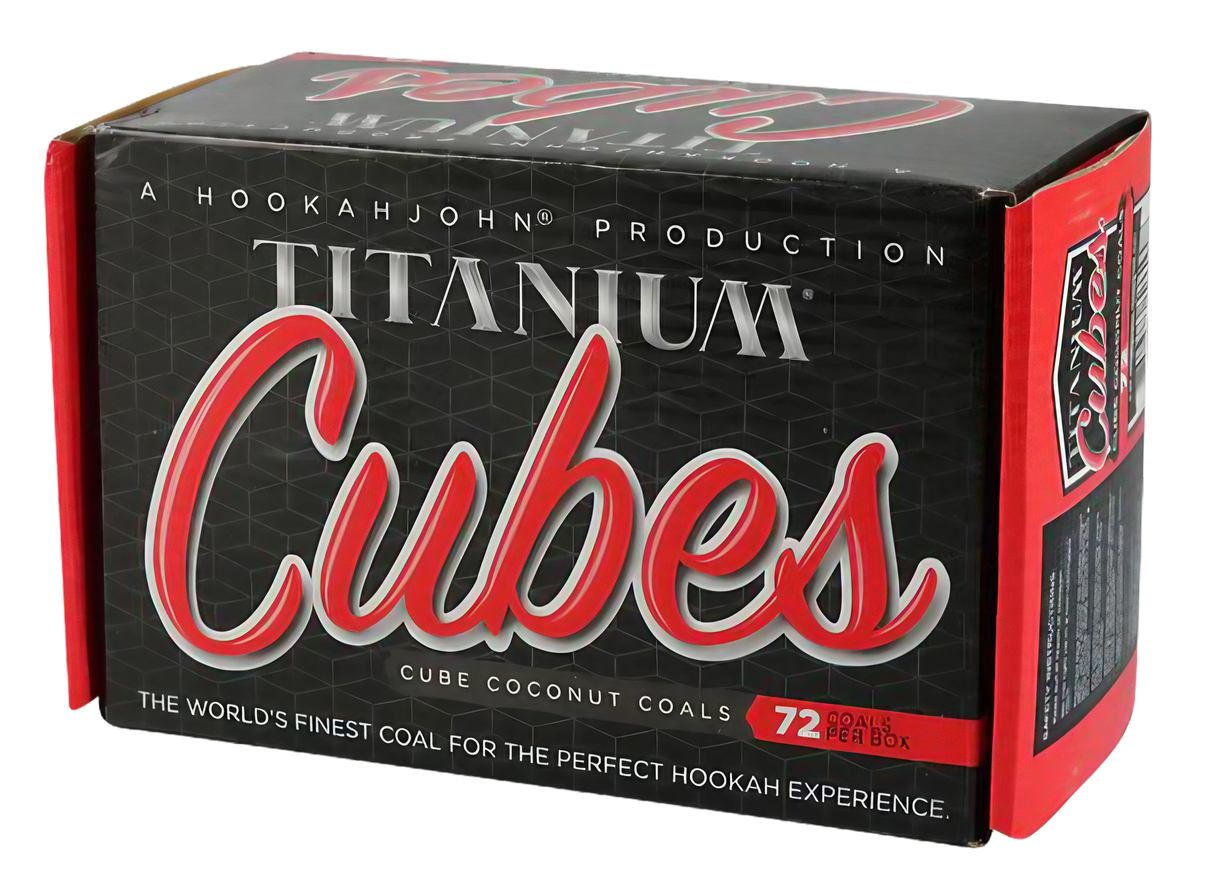 Hookah John Titanium Cubes - 72 Pack of Cube Coconut Coals for Hookahs, Front Box View