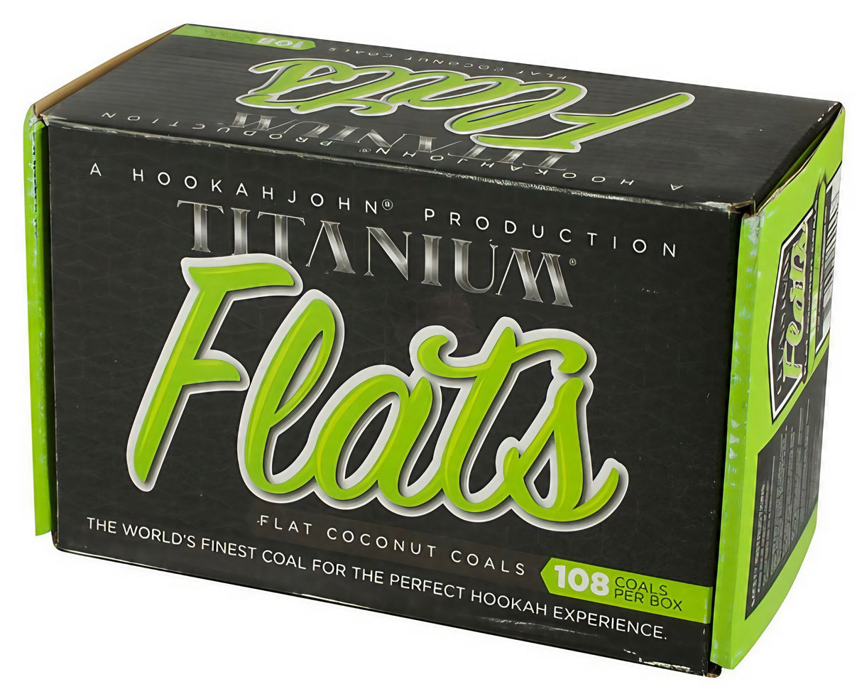 1Kg box of Titanium Flats coconut hookah coals by Hookahjohn, front view on white background