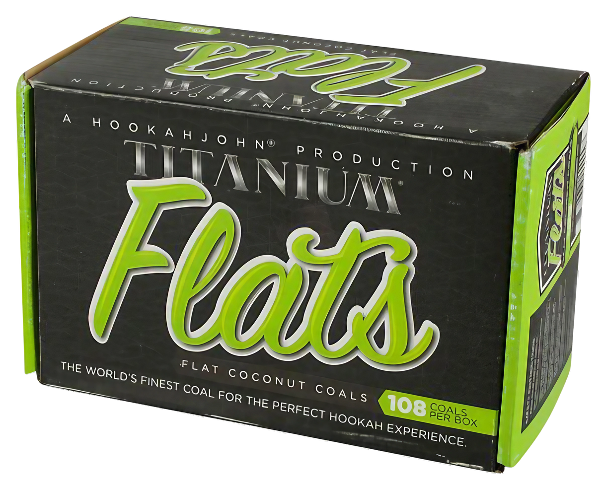 1Kg box of Titanium Flats coconut hookah coals, angled view on white background