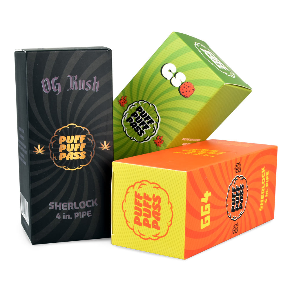 Puff Puff Pass 4" Strain Sherlock Pipes in Assorted Colors with Packaging