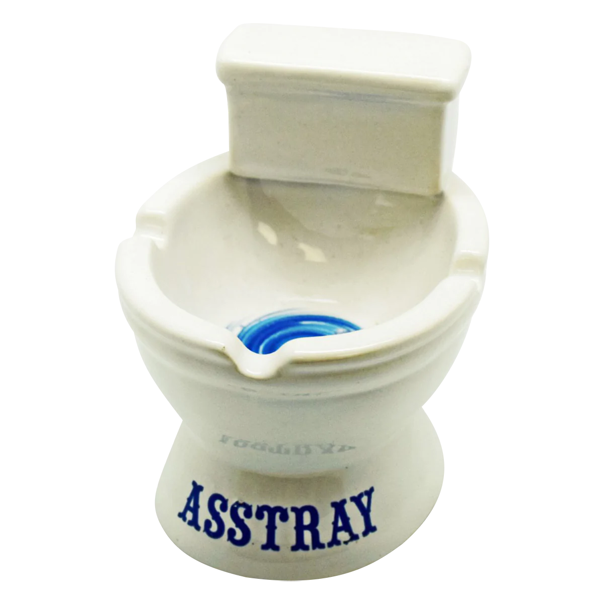 White Ceramic Toilet-Shaped "Asstray" Ashtray Front View on Seamless Background