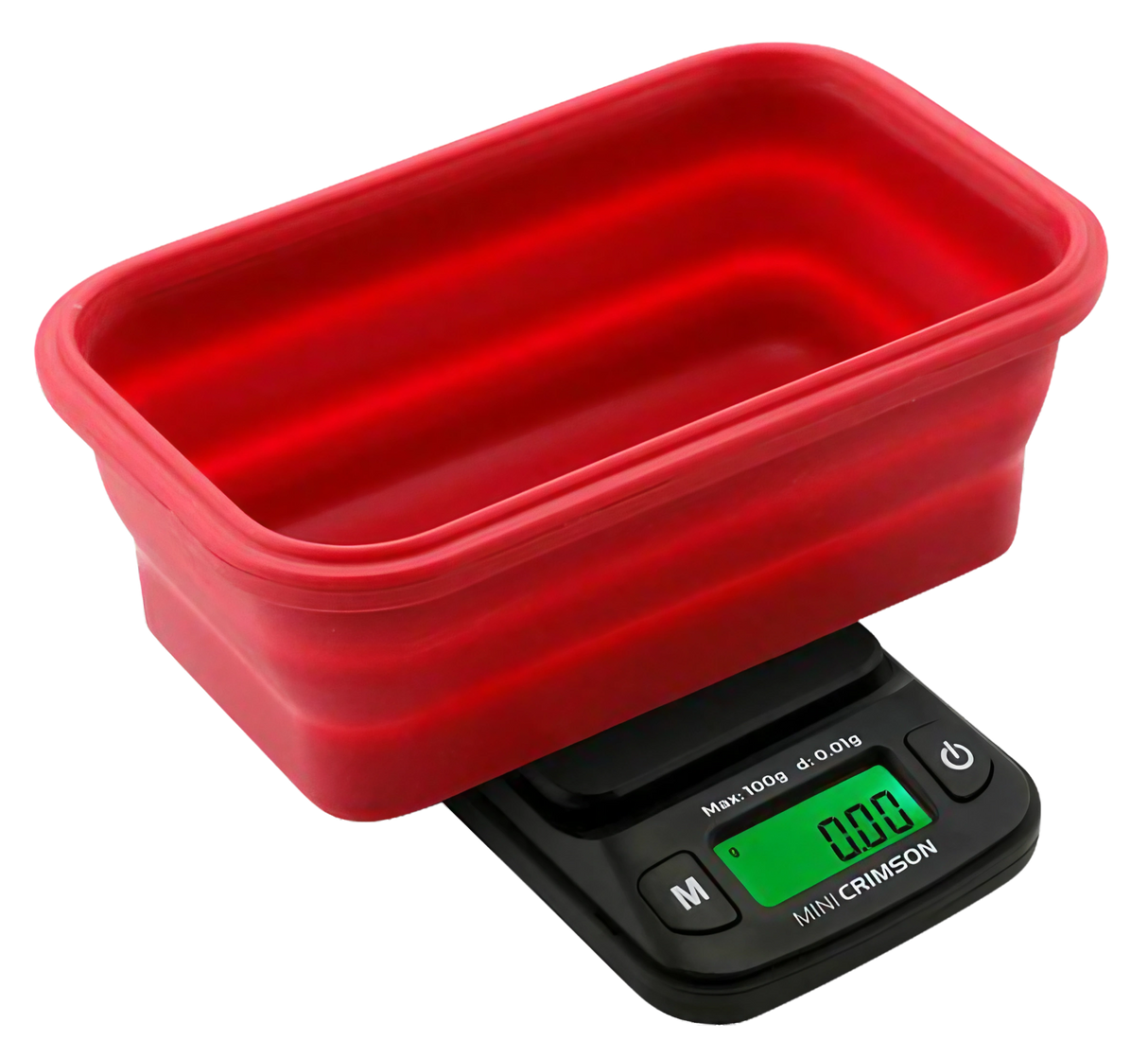 Truweigh Mini Crimson Collapsible Silicone Bowl Scale in red, precise 0.01g accuracy, front view