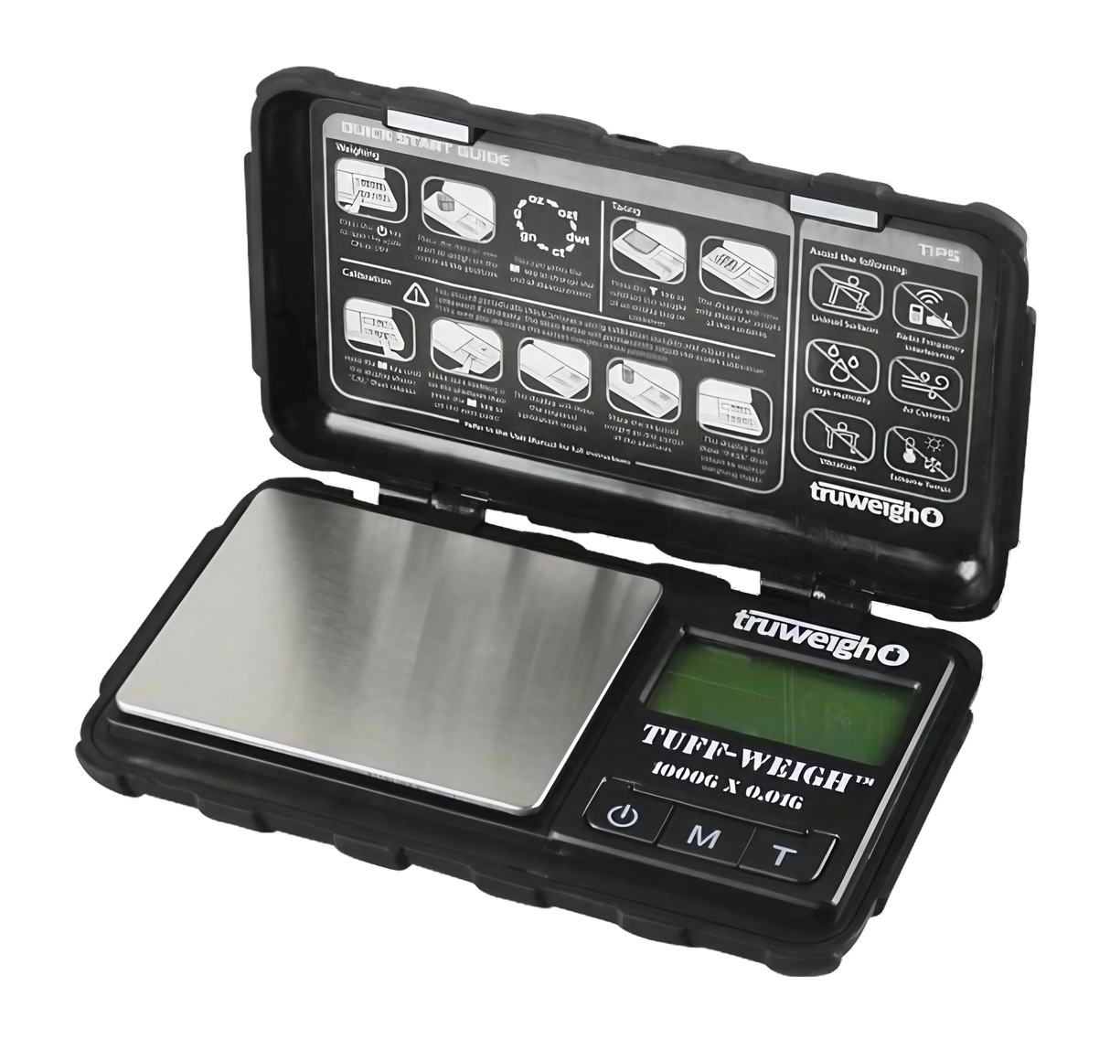 Truweigh Tuff-Weigh Mini Scale in black, 1000g x 0.1g, open view showing digital display and stainless steel platform