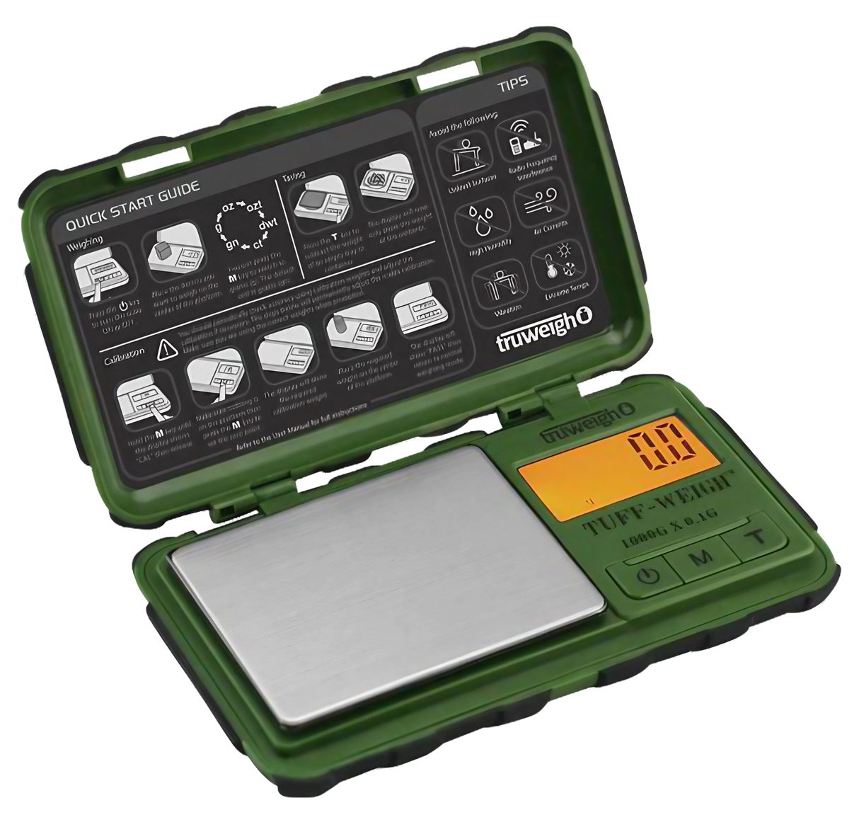 Truweigh Tuff-Weigh Mini Scale in green, 1000g x 0.1g, open view showing digital display and platform