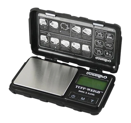 Truweigh Tuff-Weigh Mini Scale in Black, 100g x 0.01g, open view showing digital display and instructions