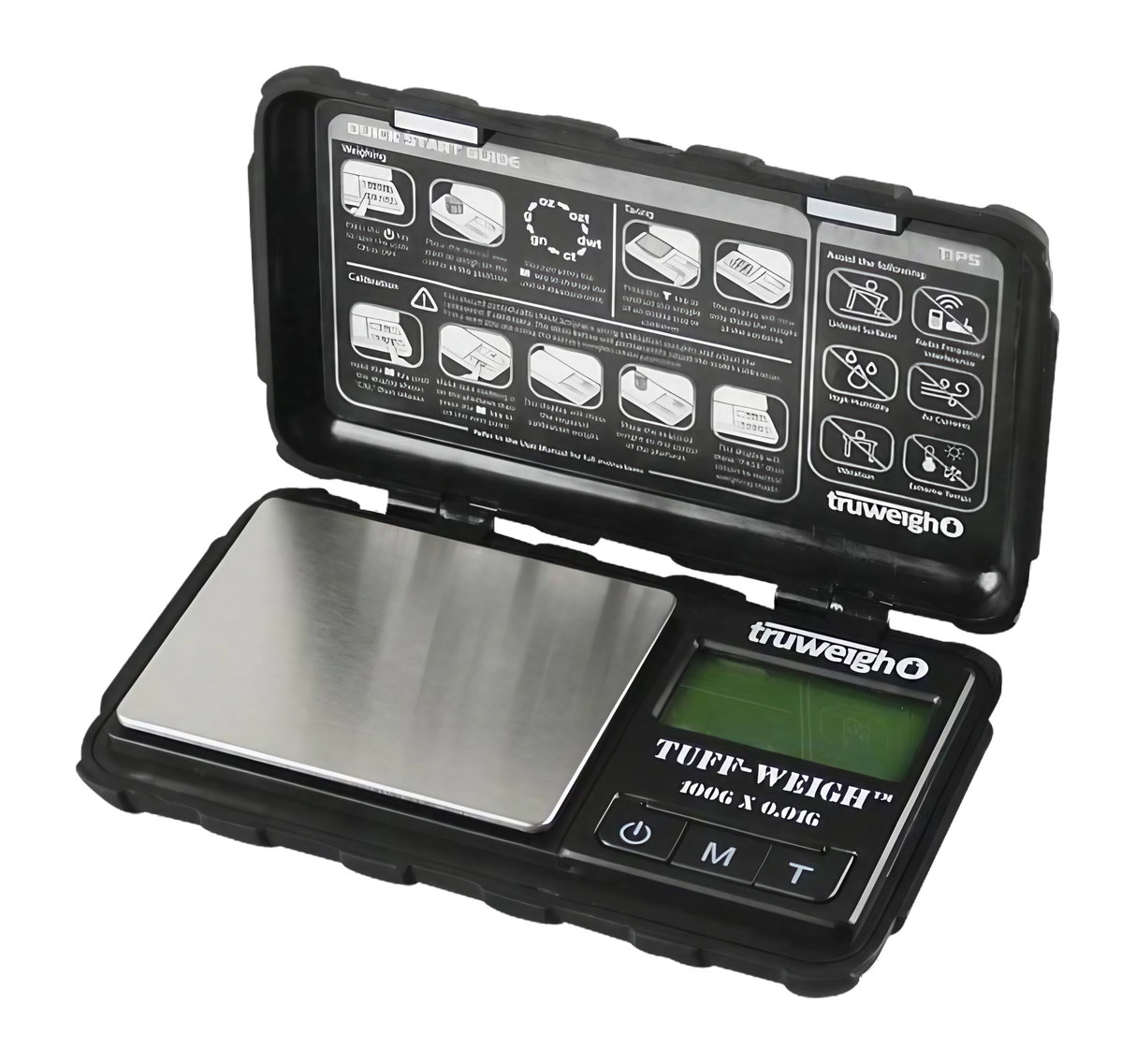 Truweigh Tuff-Weigh Mini Scale in Black, 100g x 0.01g, open view showing digital display and instructions