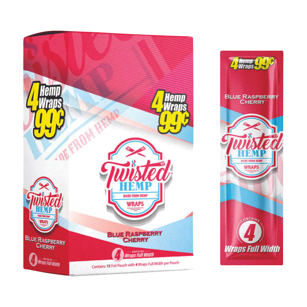 Twisted Hemp Original Wraps 15 Pack, Blue Raspberry Cherry flavor, front view on white background