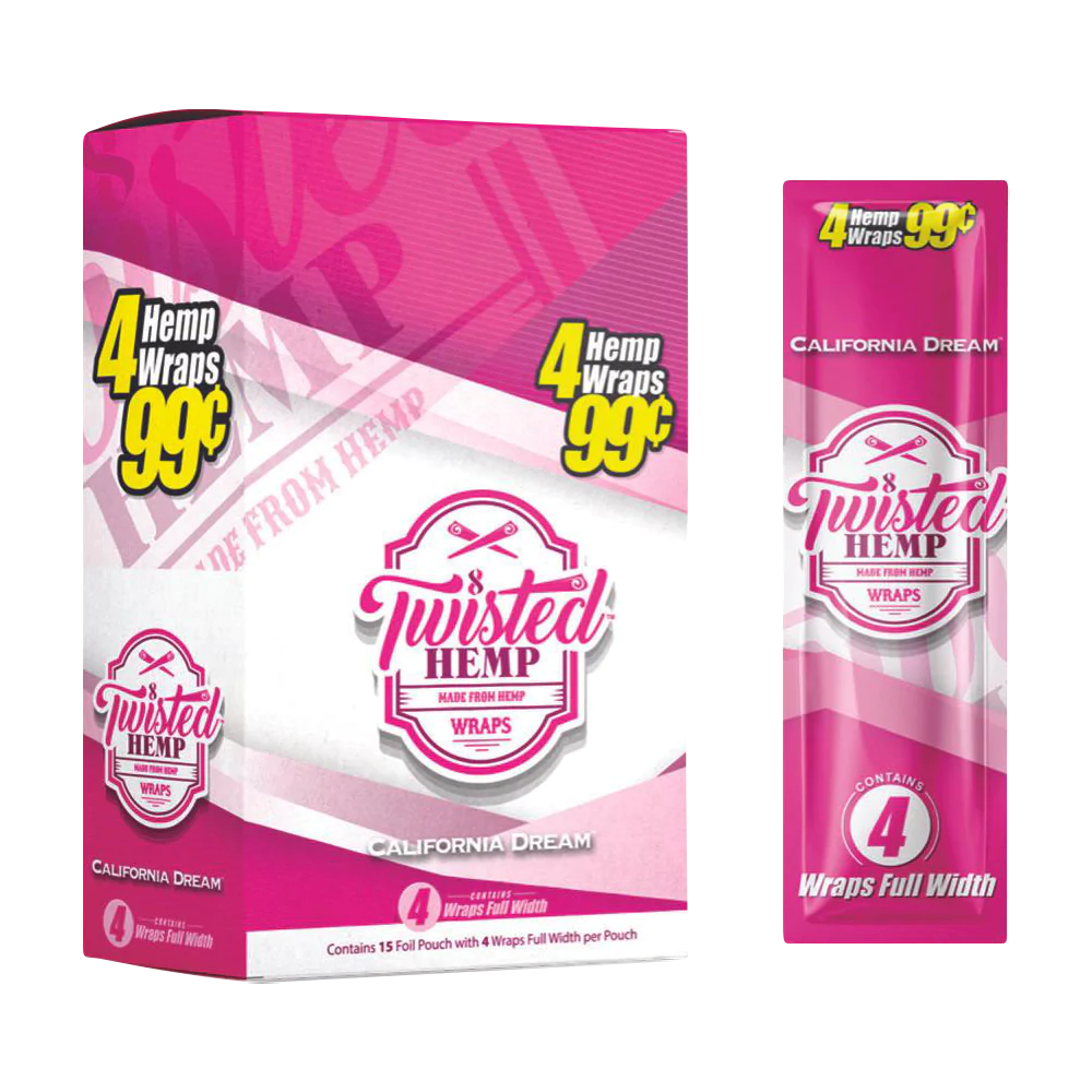 Twisted Hemp Original Hemp Wraps 15 Pack in California Dream flavor, front and side view