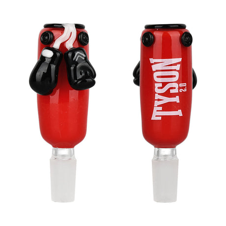 TYSON 2.0 red and white glass herb slide with boxing glove design for 14mm bongs, front and side views