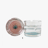 Ugly House Giddy Glass Ashtray 6 Pack, compact design with cannabis leaf emblem, top and side view