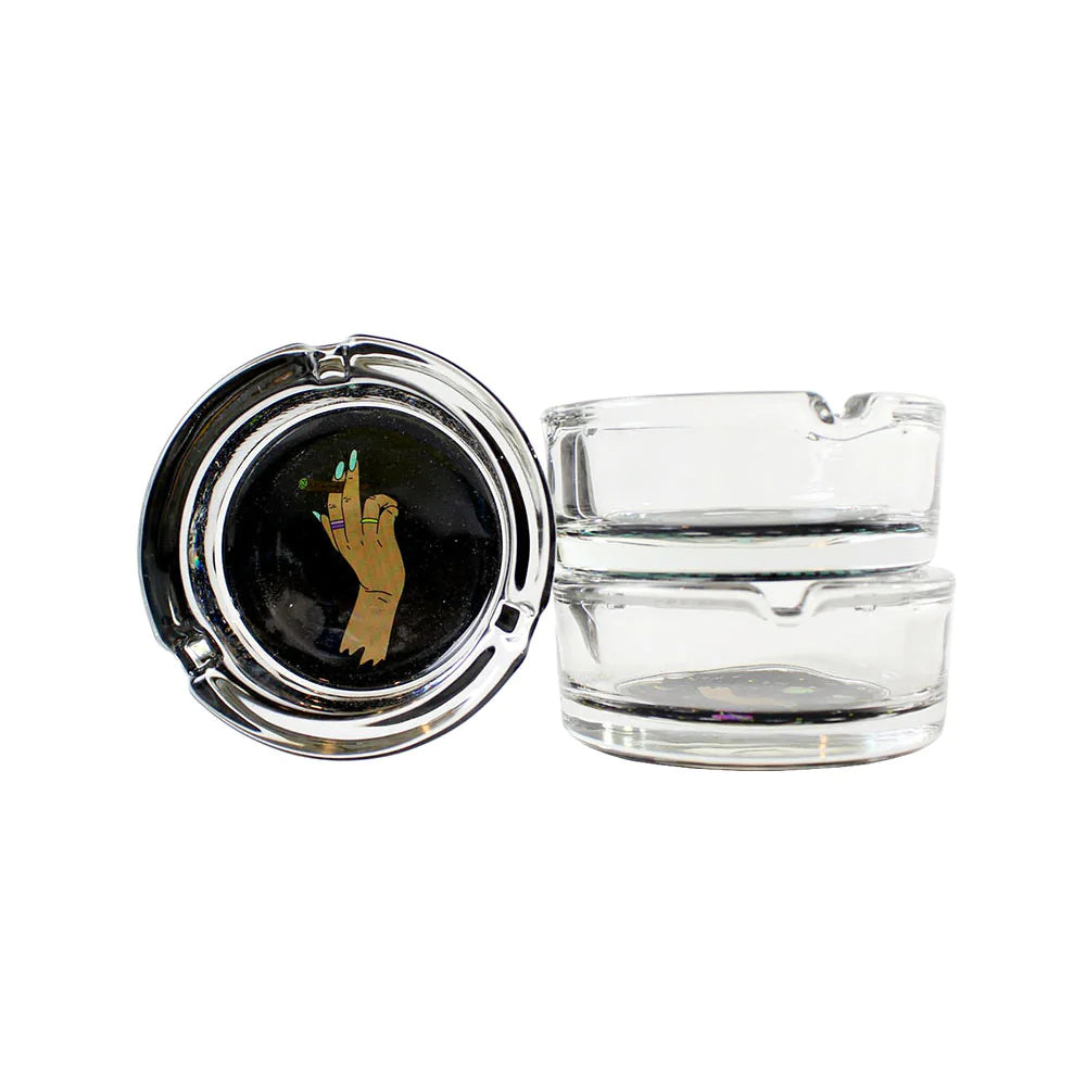 Ugly House Giddy Glass Ashtray 6-Pack, compact design with fun hand graphic, front view