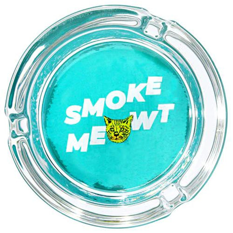 Ugly House Giddy Glass Ashtray in blue with "Smoke Meowt" design, compact 3" size for dry herbs
