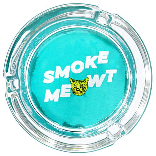 Ugly House Giddy Glass Ashtray in blue with "Smoke Meowt" design, compact 3" size for dry herbs