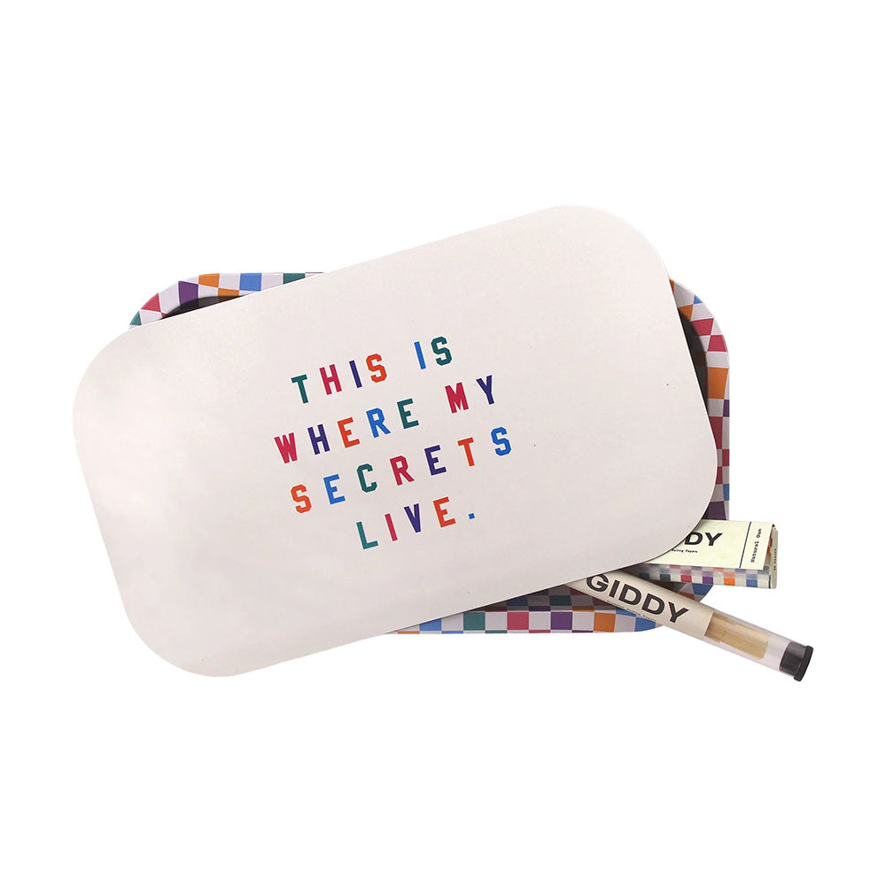 Ugly House Giddy Rolling Tray with colorful border and 'My Secrets' text, plus accessories
