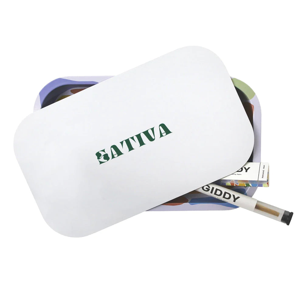 Ugly House Giddy Rolling Tray Bundle with colorful design, top view, includes rolling papers and cone