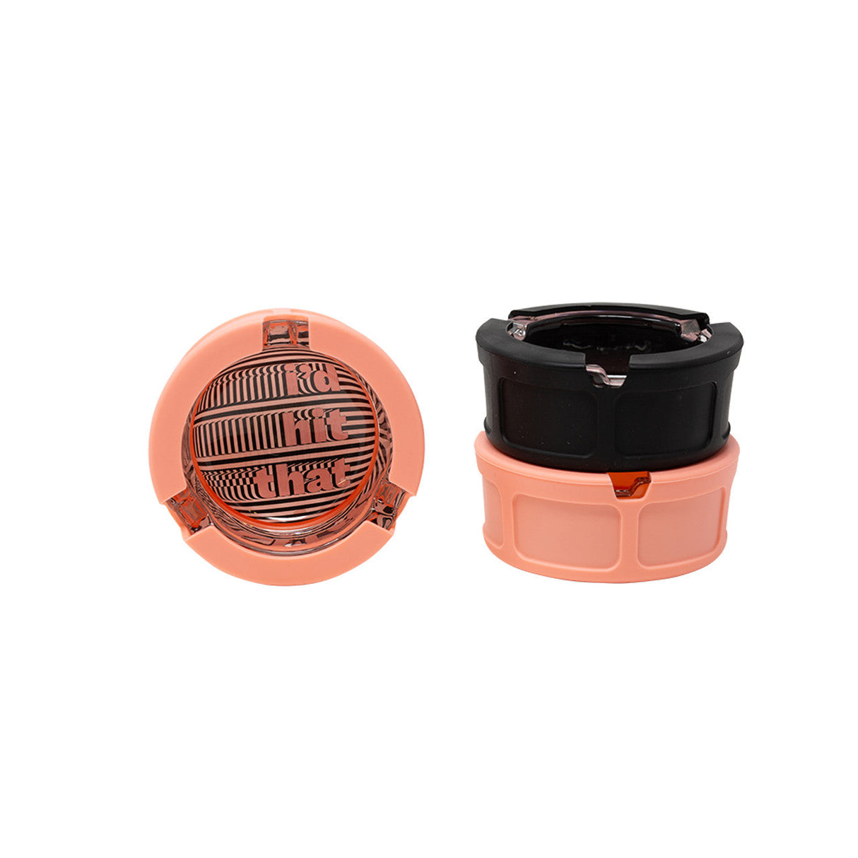 Ugly House Silicone & Glass Ashtrays in black and pink with 'I'd Hit That' design, 6 pack display