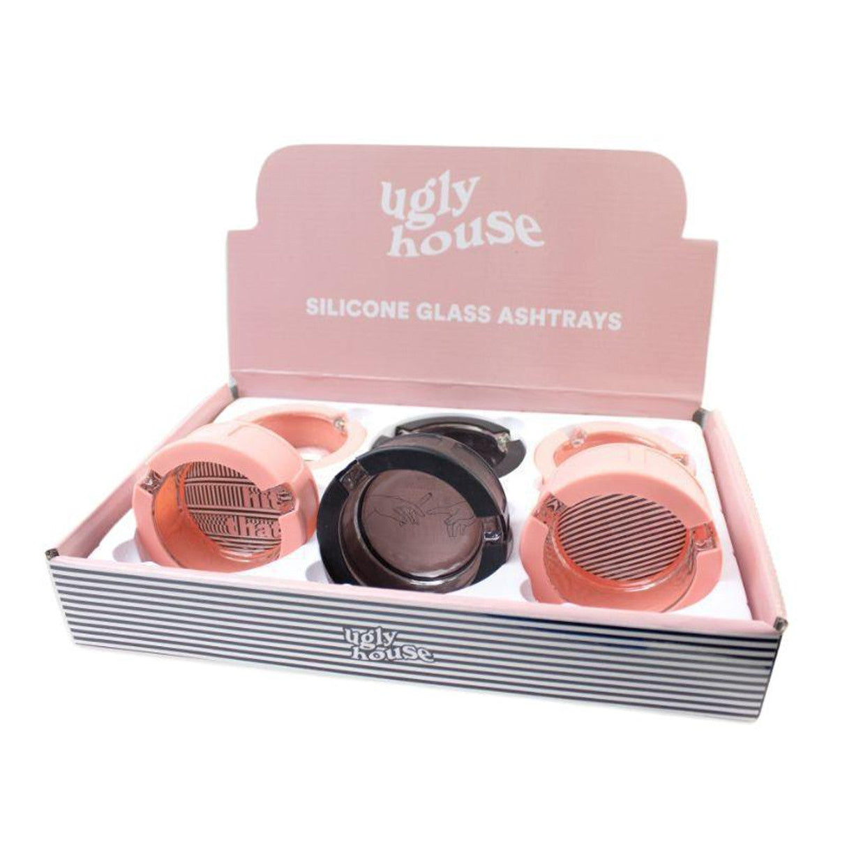 Ugly House Silicone & Glass Ashtrays 6-pack with 'I'd Hit That' design, in black and pink, portable and compact