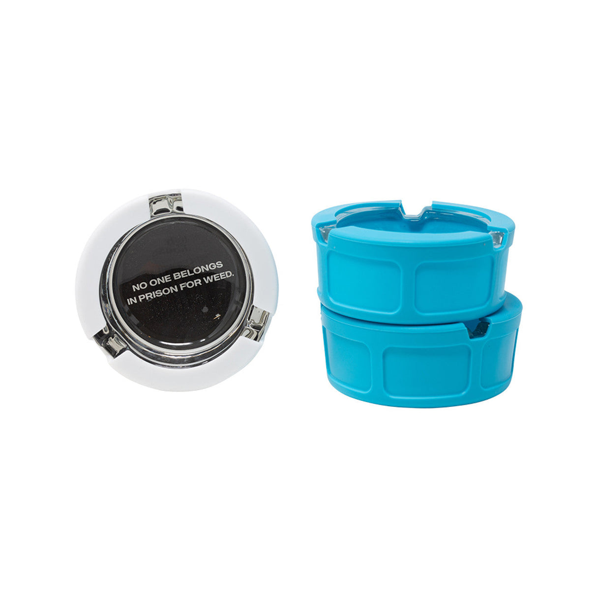 Ugly House Silicone & Glass Ashtray in Prison design, 6-pack set, with blue and white colors, front view