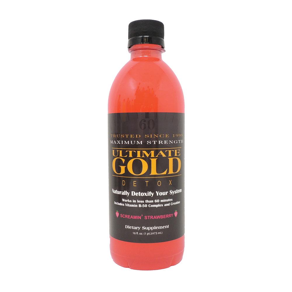 Ultimate Gold Detox 16oz Drink in Screamin' Strawberry Flavor, Front View, Portable Design