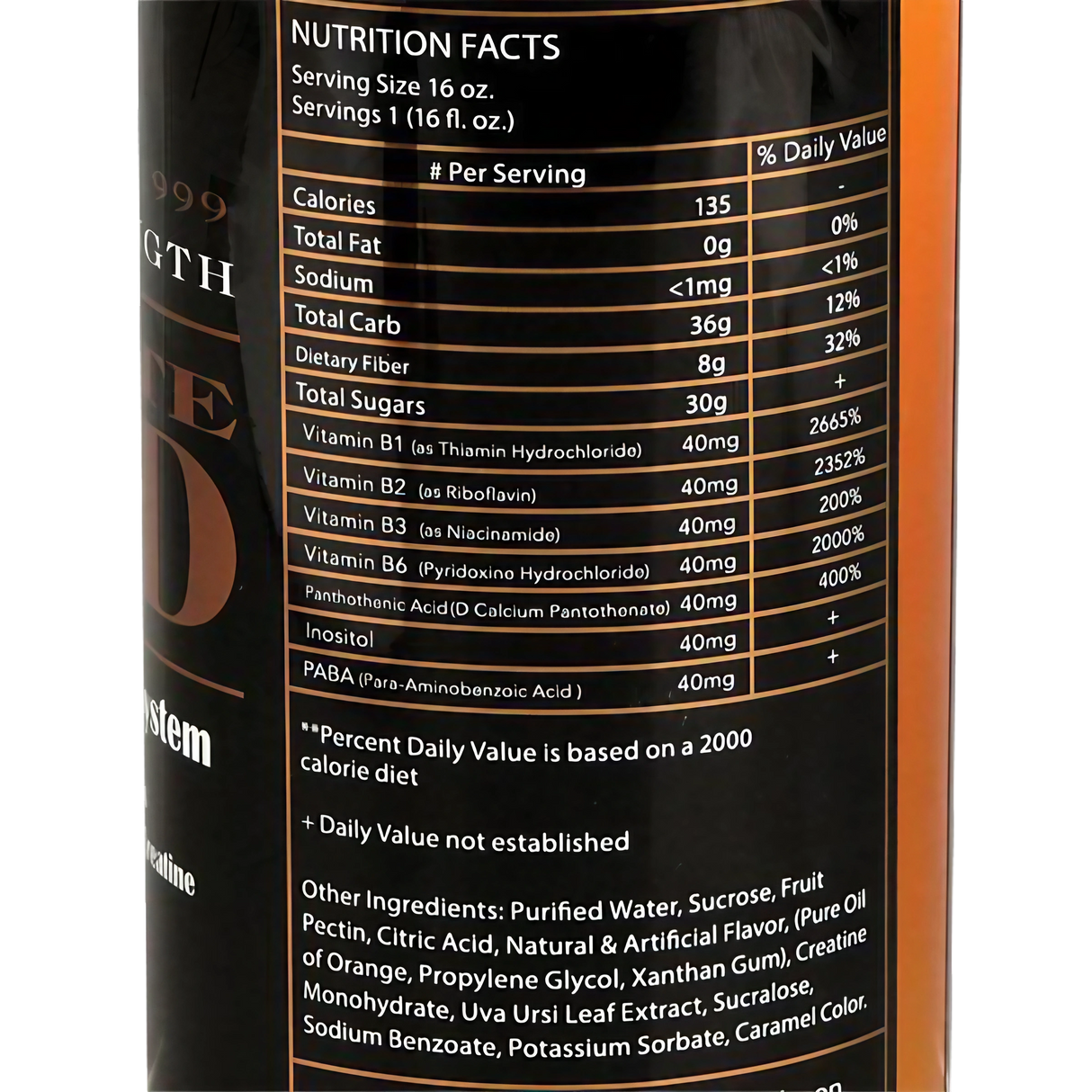 Ultimate Gold Detox 16oz orange drink close-up, displaying nutritional facts and ingredients