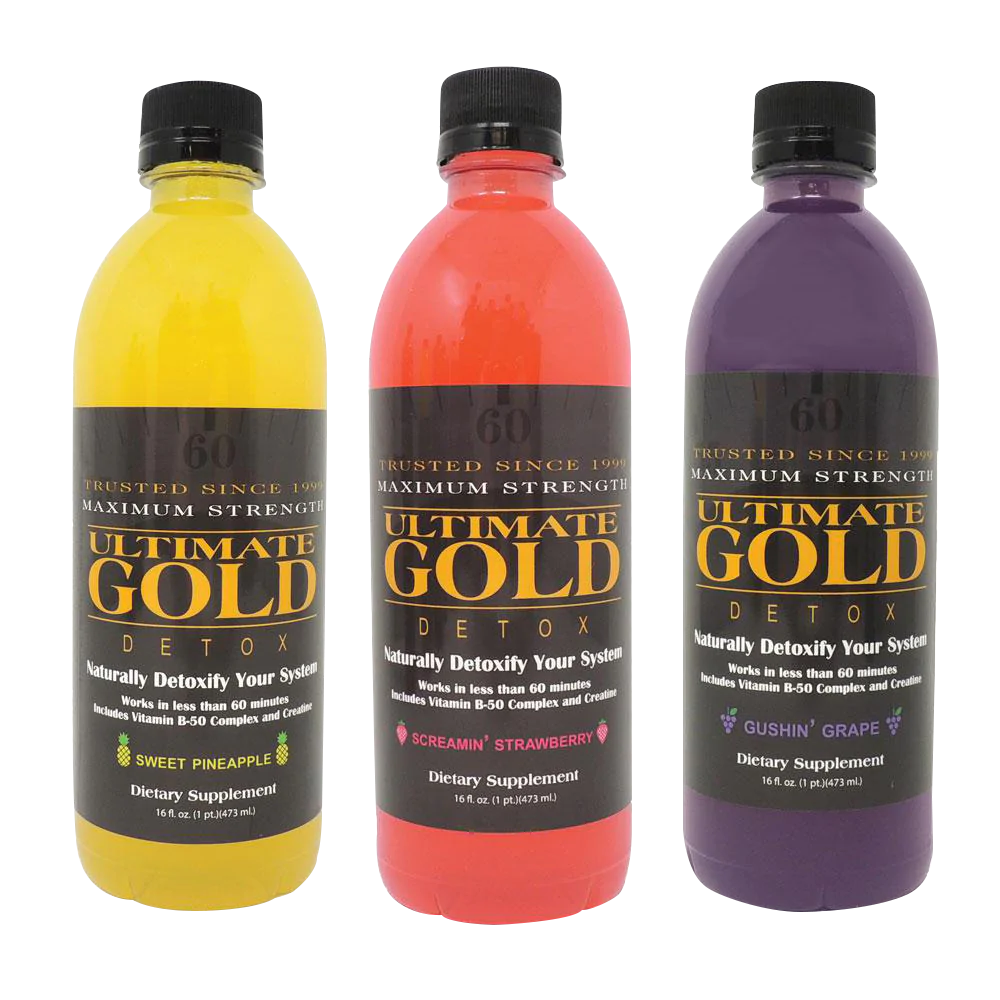 Ultimate Gold Detox 16oz drinks in yellow, red, and purple, front view on white background