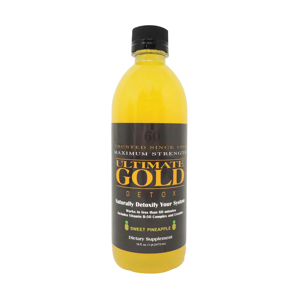 Ultimate Gold Detox 16oz Drink in Sweet Pineapple flavor, front view on white background
