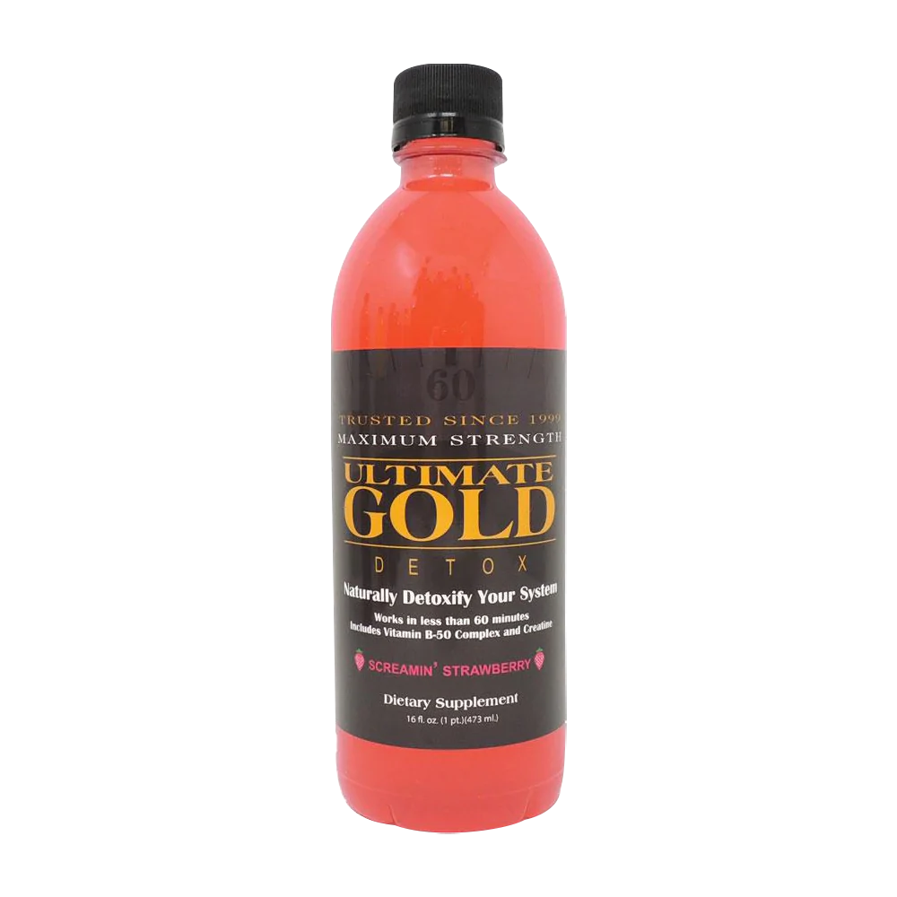 Ultimate Gold Detox 16oz Drink in Screamin' Strawberry Flavor, Front View on White Background