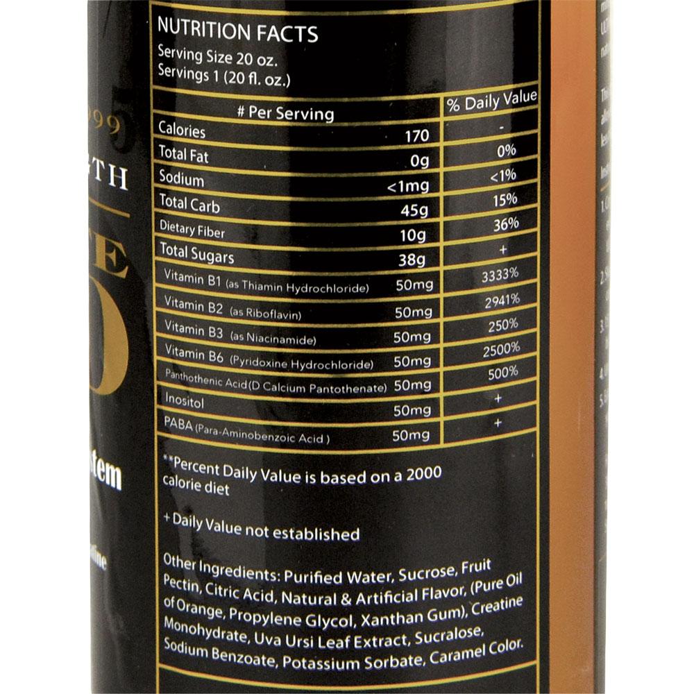 Close-up of Ultimate Gold Detox 20oz Drink's nutrition facts label on a seamless white background