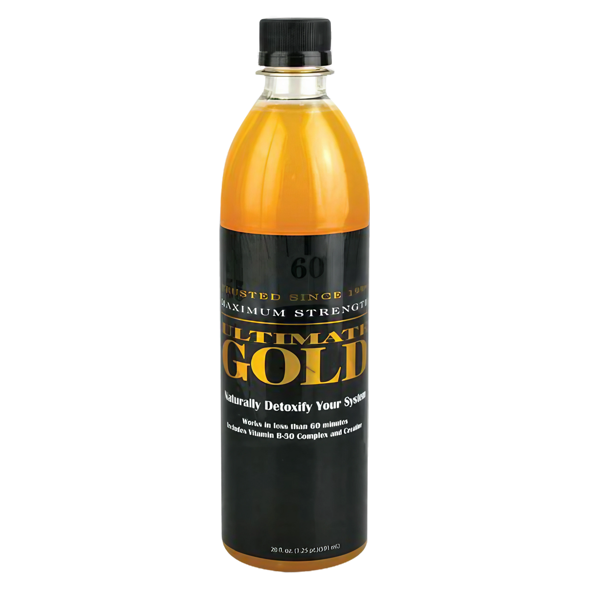 Ultimate Gold 20oz Detox Drink in orange bottle, front view, with closable black cap