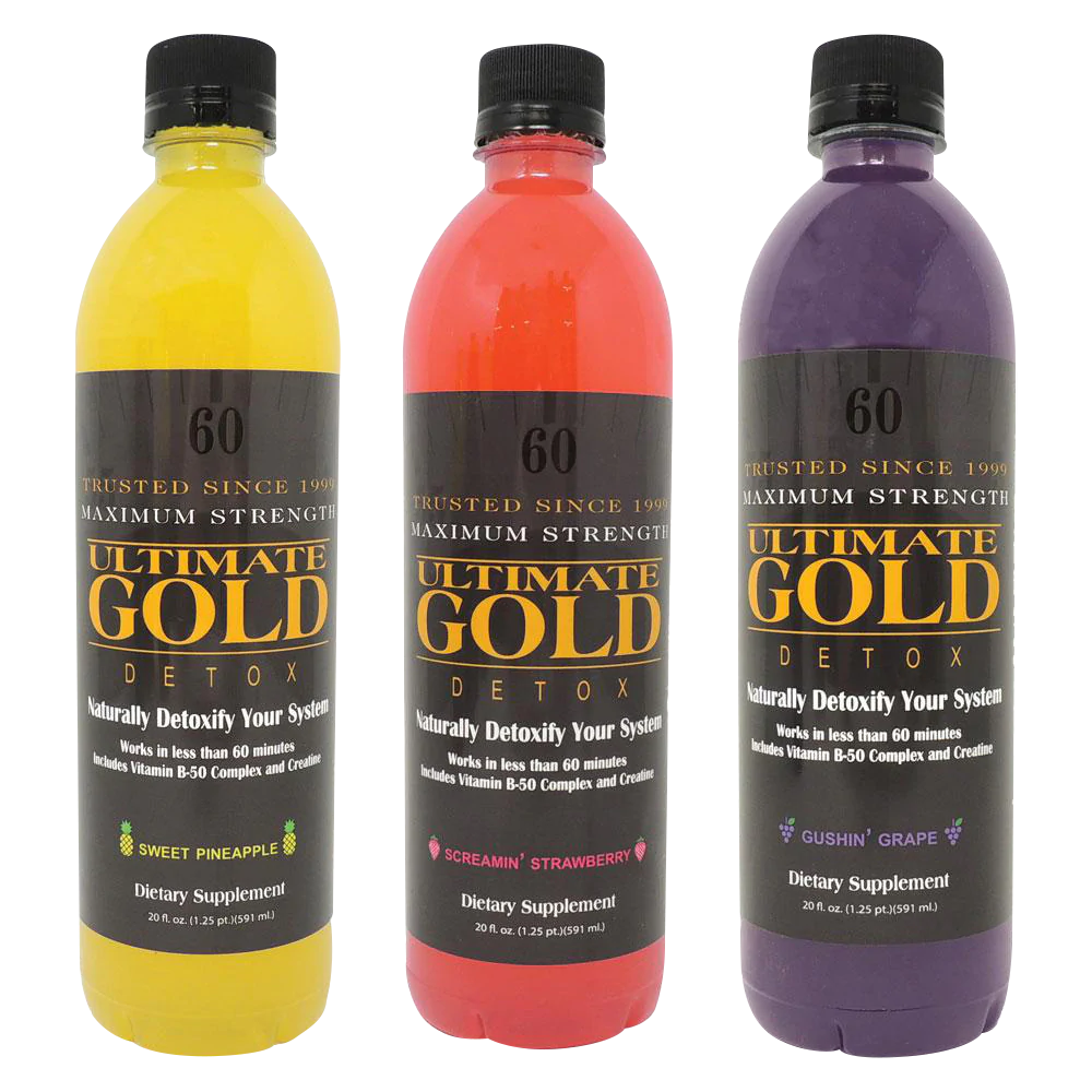 Ultimate Gold Detox drinks in yellow, red, and purple, front view, portable 20oz size