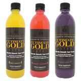 Ultimate Gold Detox drinks in yellow, red, and purple, front view, portable 20oz size