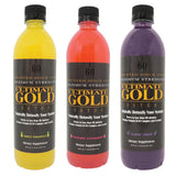 Ultimate Gold Detox 20oz drinks in yellow, red, and purple, front view, portable with flavoring