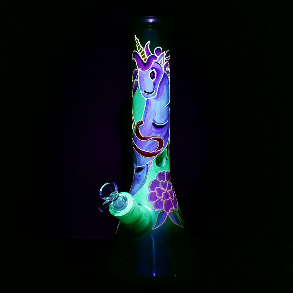 Unicorn Glow Beaker Water Pipe, 13.5" tall with 14mm female joint, Borosilicate Glass, front view