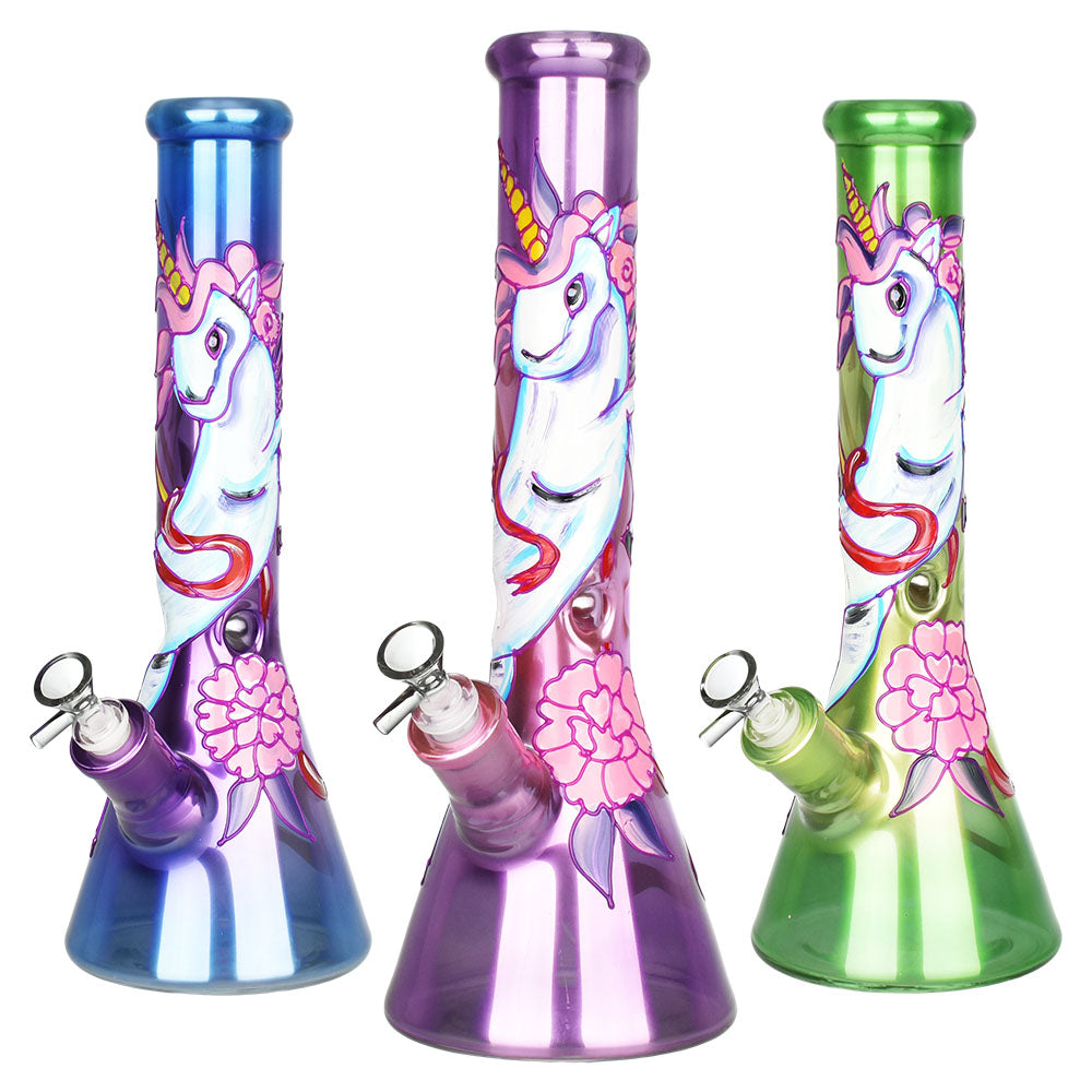 Trio of Unicorn Glow Beaker Water Pipes in Borosilicate Glass, 13.5", Front View
