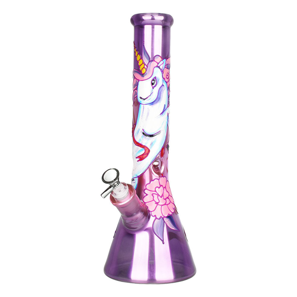 Unicorn Glow Beaker Water Pipe in Pink | 13.5" Tall | 14mm Female Joint | Borosilicate Glass | Front View