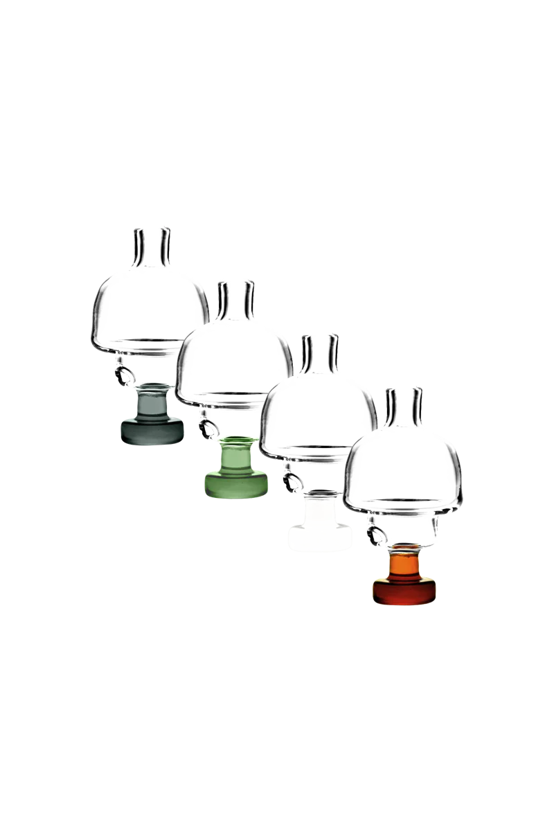 Assorted Borosilicate Glass Universal Directional Carb Caps for Dab Rigs on White Background