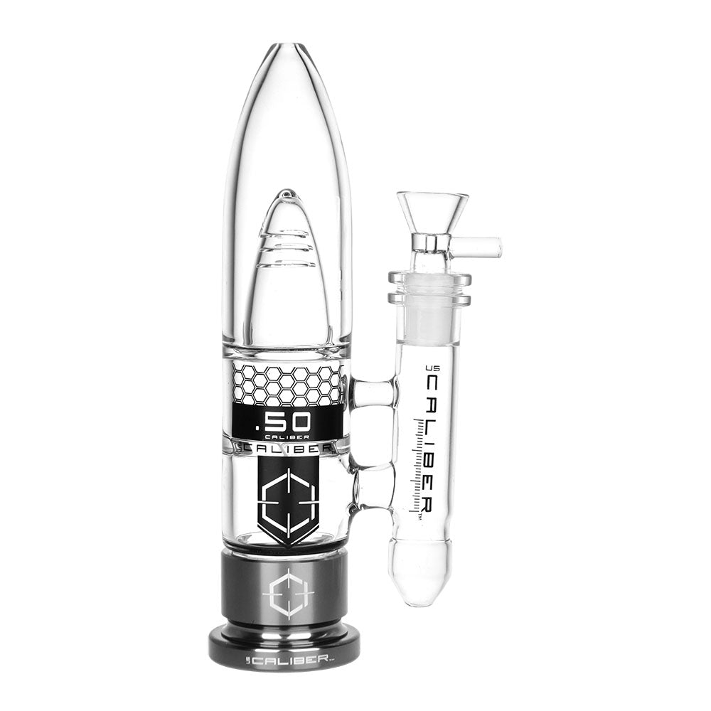 US Caliber Designs .50 Water Pipe in Gun Metal, 9.25" tall, 19mm female joint, borosilicate glass, front view