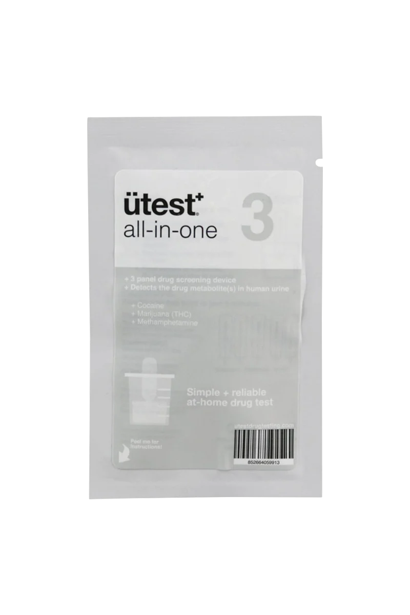 uTest 3 Panel Drug Screen Test packaging, front view, detects THC, cocaine, methamphetamine