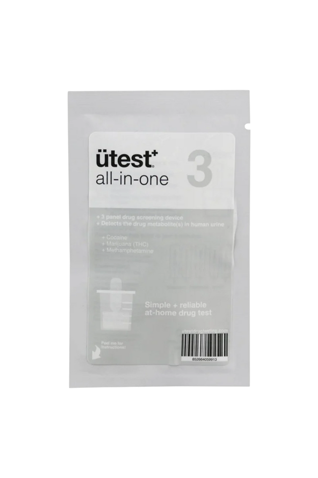 uTest 3 Panel Drug Screen Test packaging, front view, detects THC, cocaine, methamphetamine