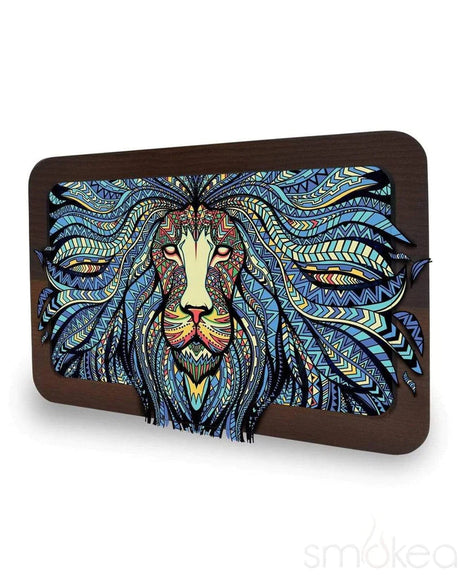 V Syndicate Metal Rolling Tray with Vibrant Tribal Lion Design - Front View