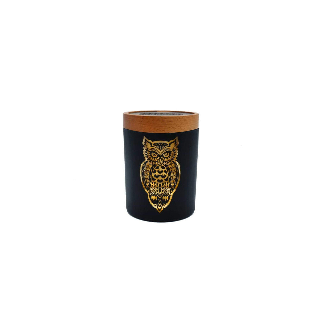 V Syndicate Smart Stash Jar in Owllusion Orange, compact 3.5" wood design, portable for dry herbs