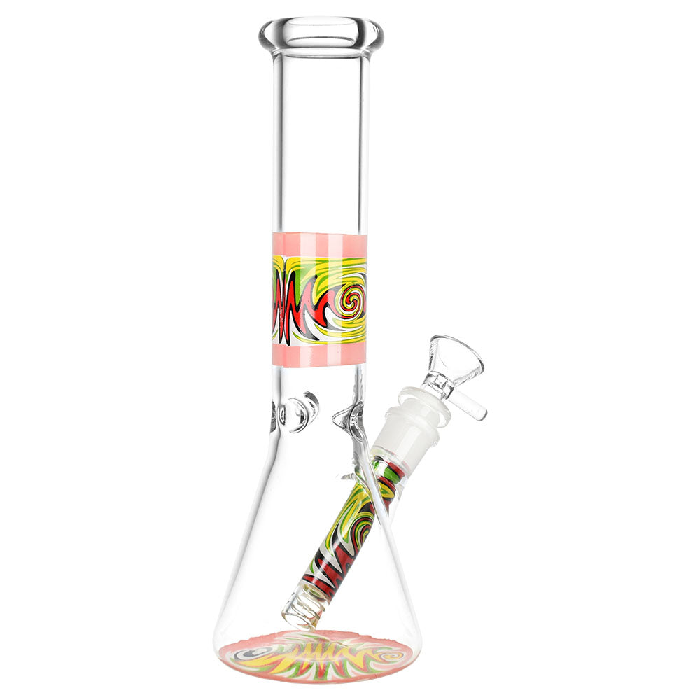 9.75" Vacillating Vibe Beaker Water Pipe with Vibrant Red Wig Wag Design, Clear Glass, Front View