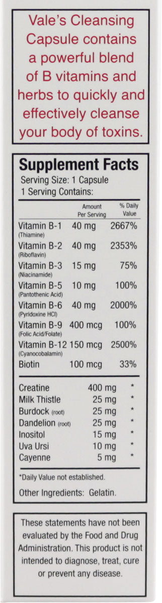 Vale Detox Cleansing Capsule packaging with supplement facts, compact and portable design, made in USA