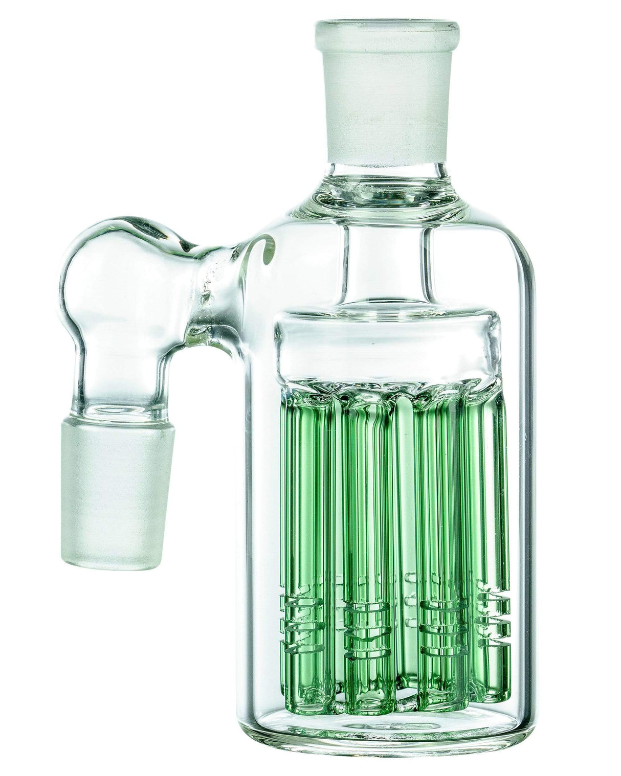 Valiant's 8-Arm Percolator Ashcatcher, 90Β° 18mm Male, Clear Glass, Side View