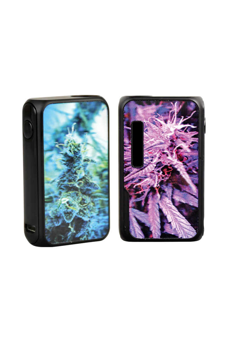 Vapmod Dragoo 3D Cartridge Vape in Black and Silver with Cannabis Design, Front View