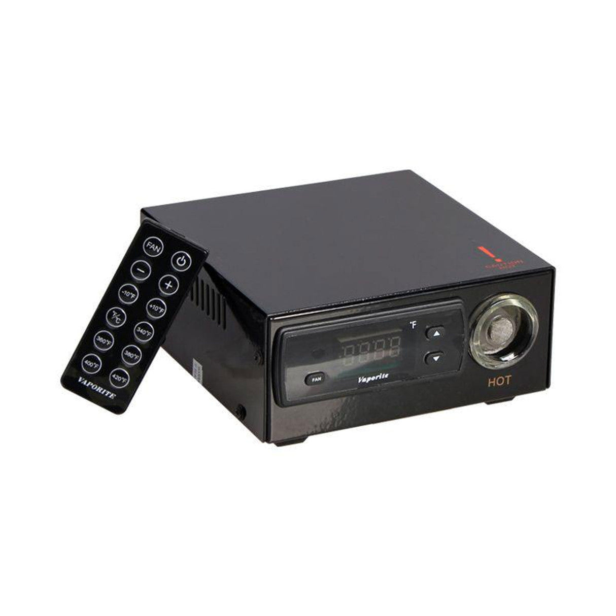 Vaporite Mini Air Desktop Vaporizer in black with digital display and remote control, front view