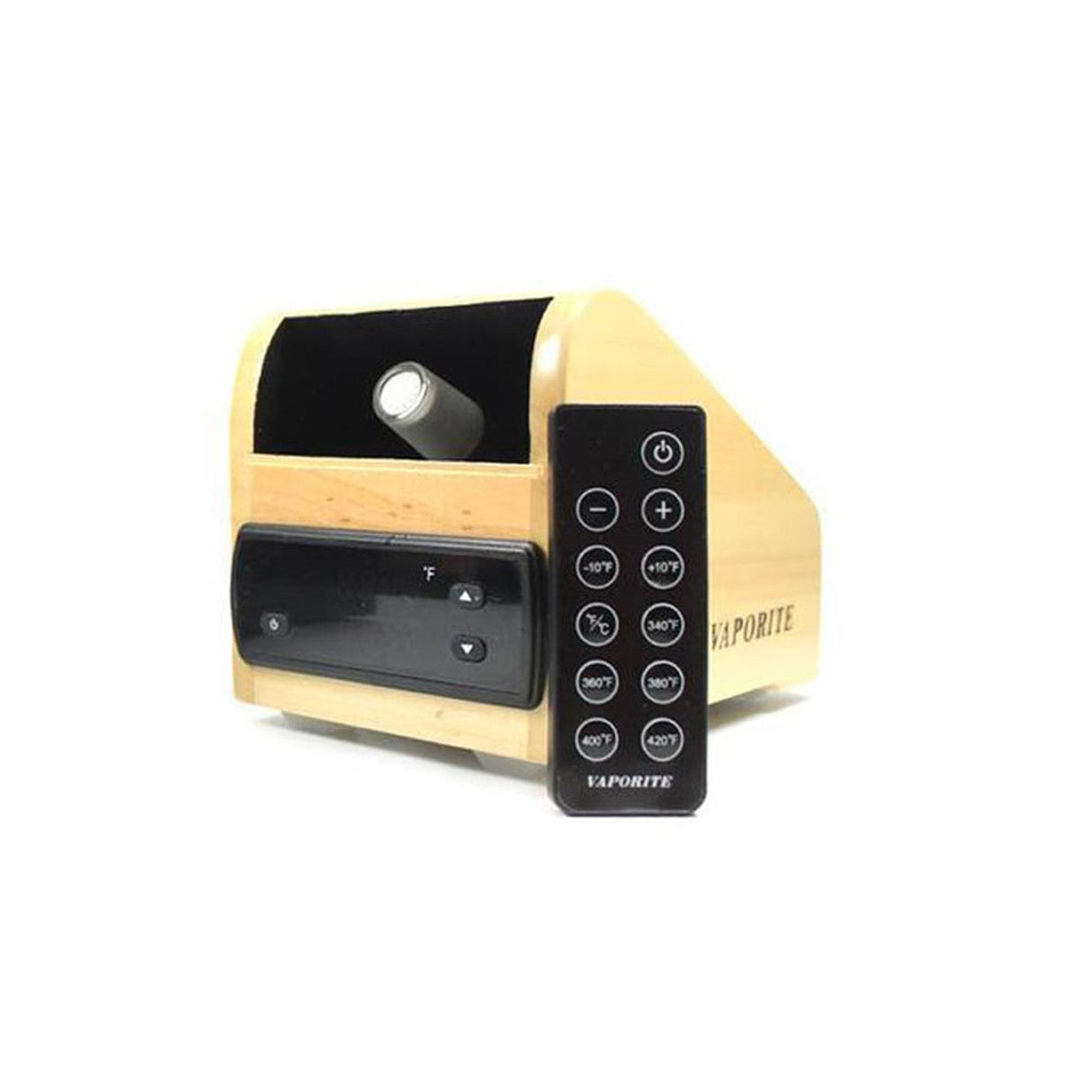 Vaporite Solo Digit Desktop Vaporizer in black and wood design with digital remote control