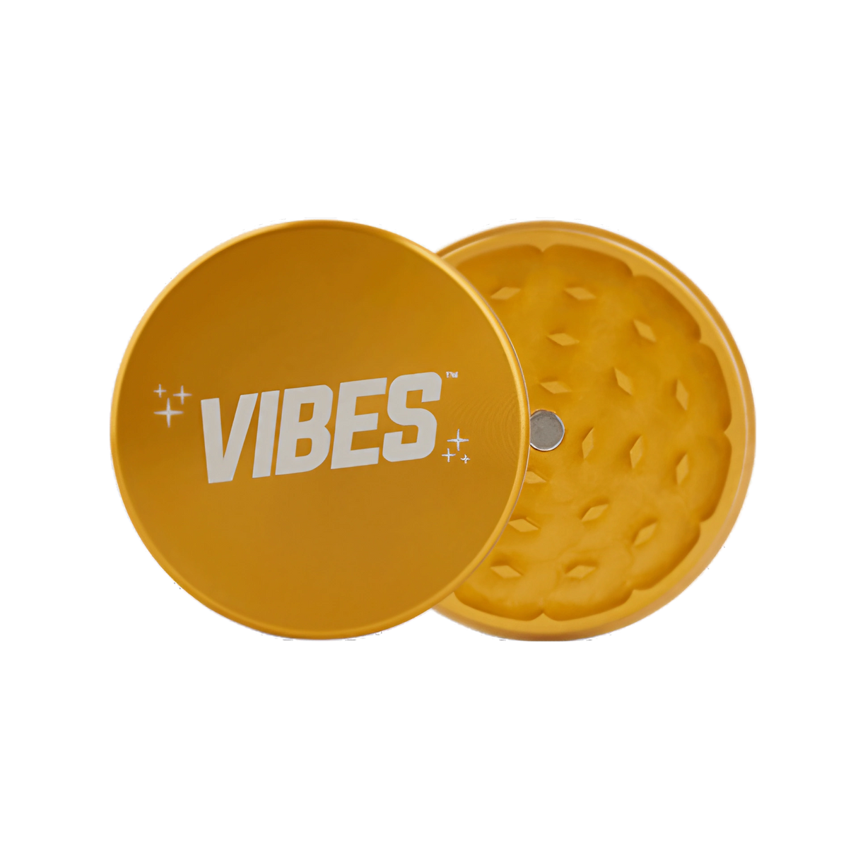 Vibes 2-Piece Grinder in Gold, Compact Aluminum Design, 2.5" Size for Dry Herbs, Top View
