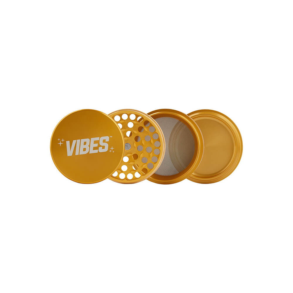 Vibes 4-Piece Compact Aluminum Grinder in Gold, 2.5" Size, Portable Design for Dry Herbs - Top View